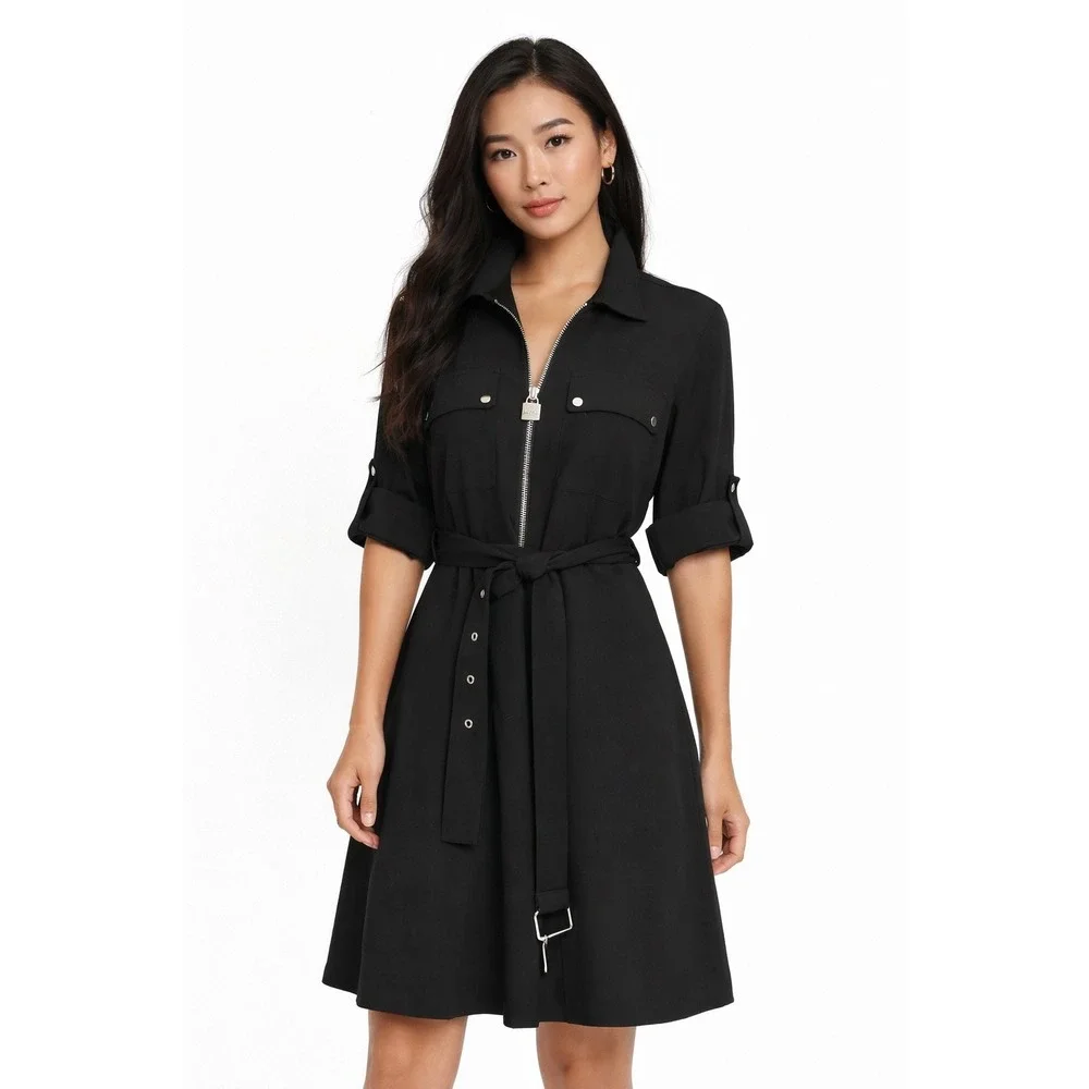 MICHAEL KORS Black Utility Zip Front Belted Shirt Dress XL Preppy Career  101-44